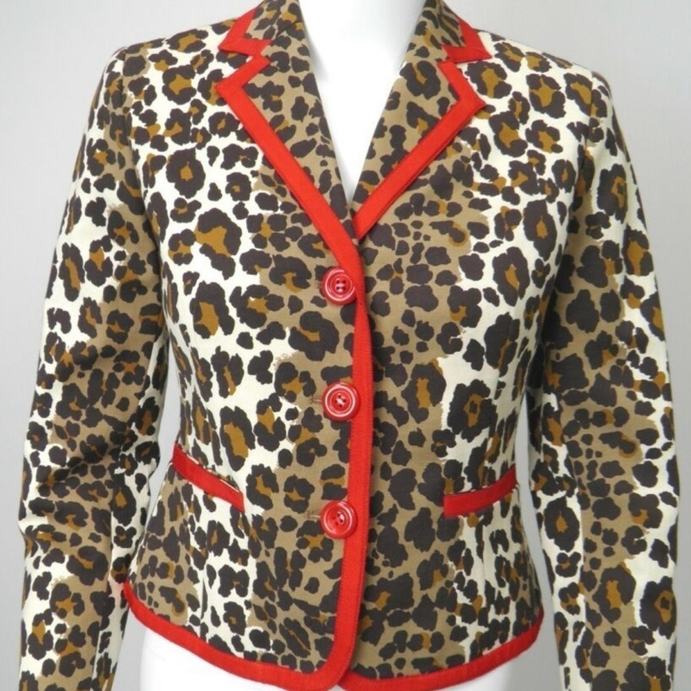NWOT Women’s ETCETERA Beige Brown Cheetah Print Cotton Blend Red Trim Blazer